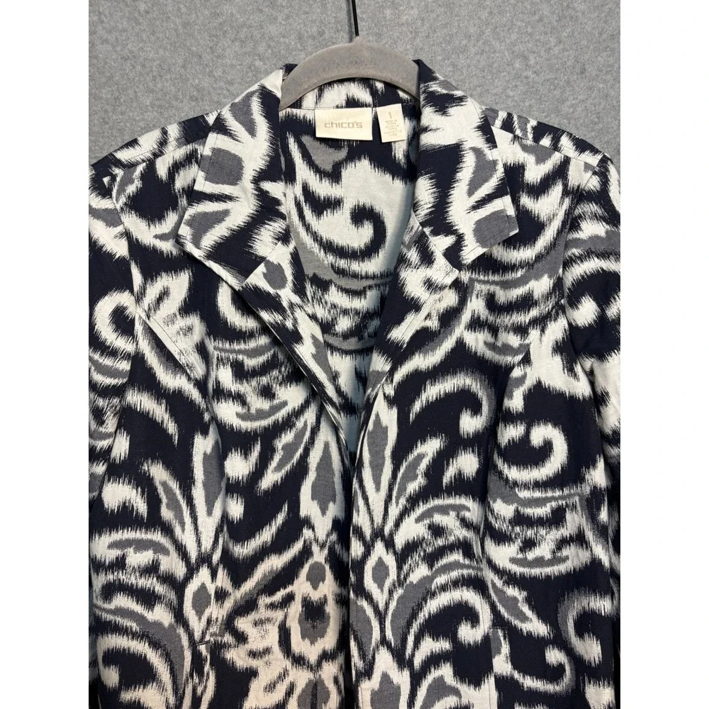 Chico's Open Front Blazer Jacket‎ Womens 1 Navy White Ikat Art to Wear